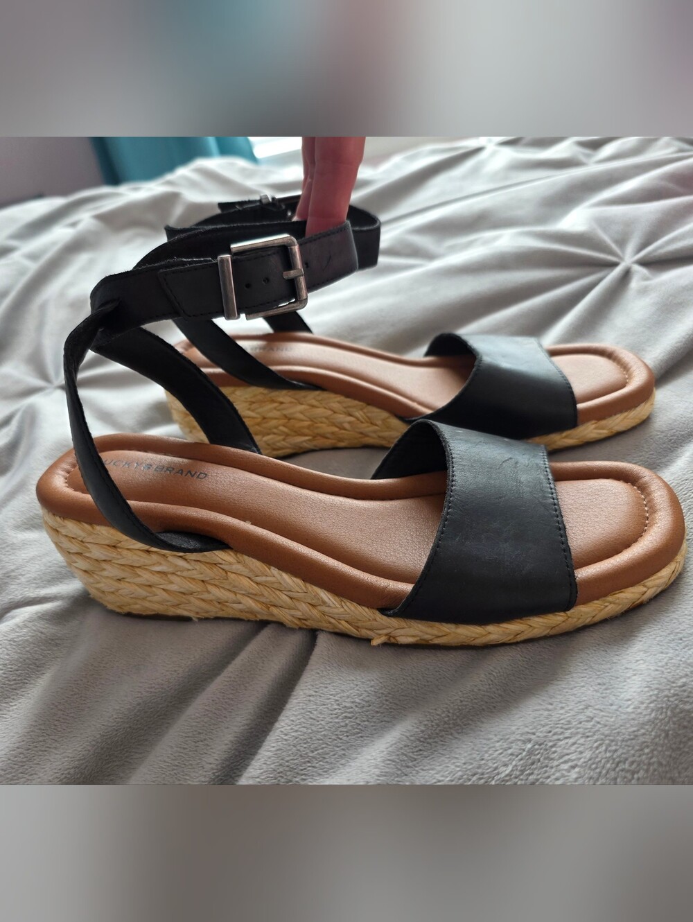 Lucky Brand Black and Tan Espadrille Wedge Sandals